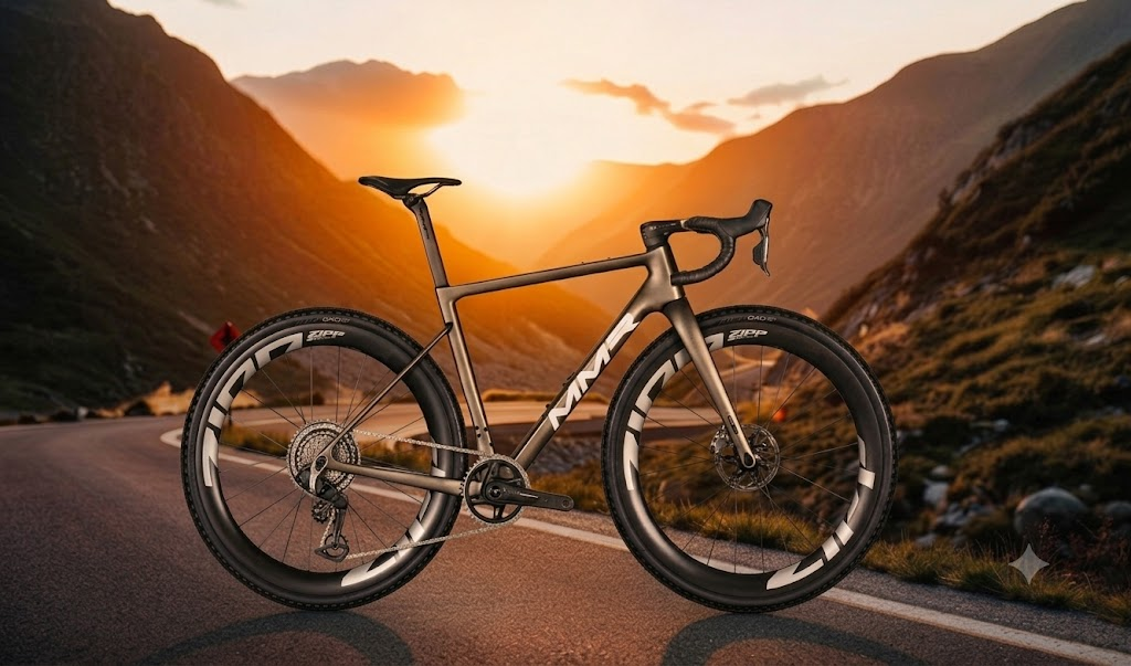 Bicicleta gravel MMR de carbono en carretera de montaña al atardecer